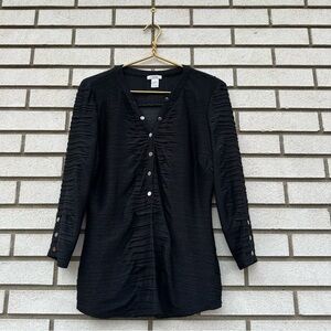 Cache Black Textured Snap Front Tunic Top Size Large Diabolo Nylon Stretch